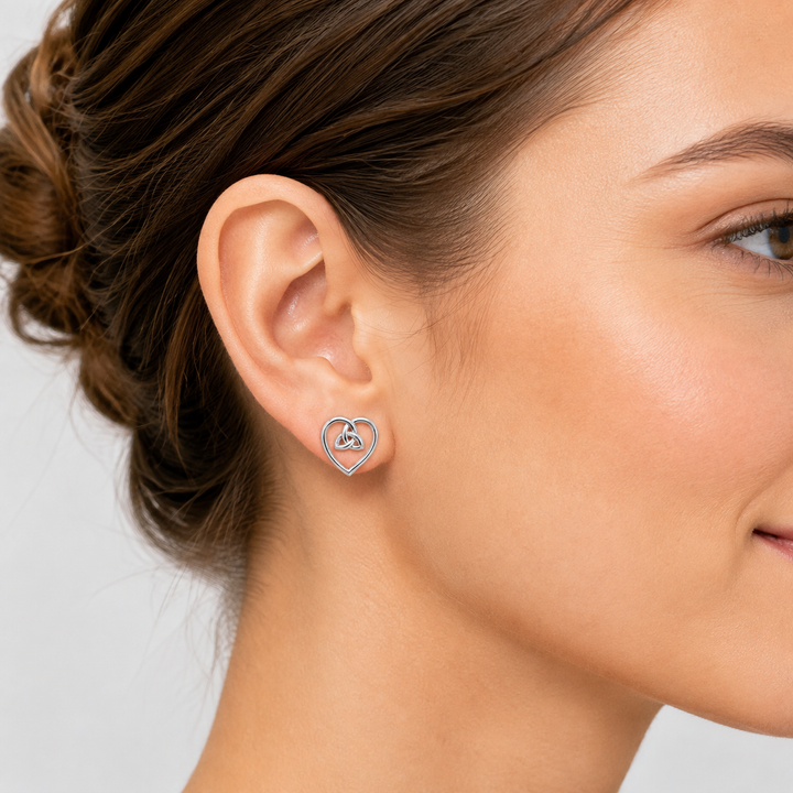 0.5 Inch Gaelic Heart Knot Stud Earrings in Rhodium-Plated Sterling Silver
