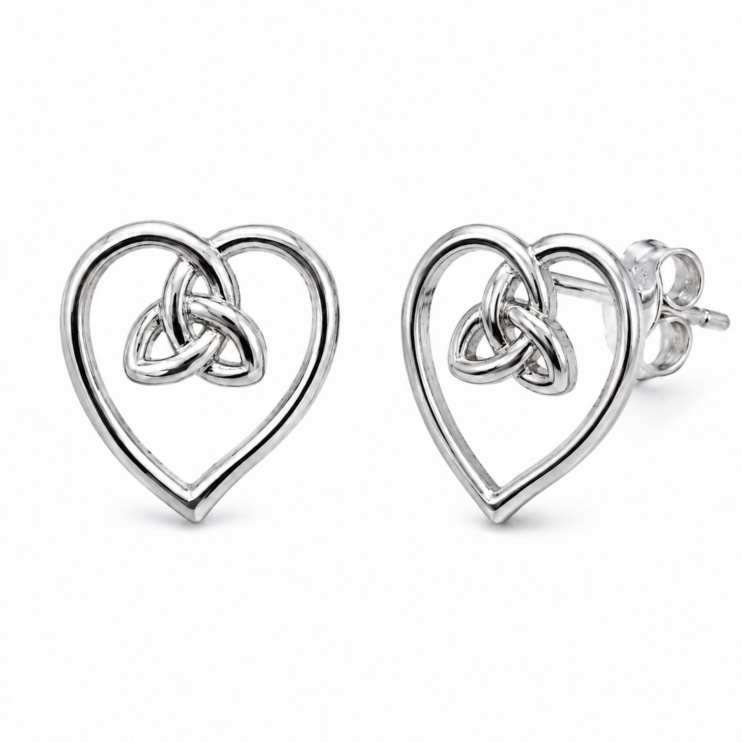 0.5 Inch Gaelic Heart Knot Stud Earrings in Rhodium-Plated Sterling Silver