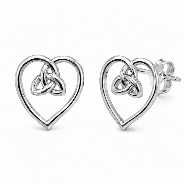 0.5 Inch Gaelic Heart Knot Stud Earrings in Rhodium-Plated Sterling Silver