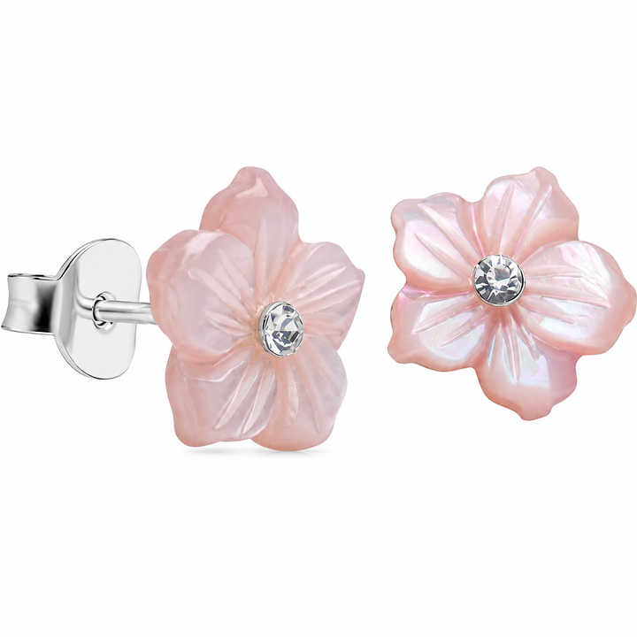 Pink Mother of Pearl Flower Stud Earrings in Sterling Silver – 0.35 Inch Carved Floral Earrings with Clear Accent Stones