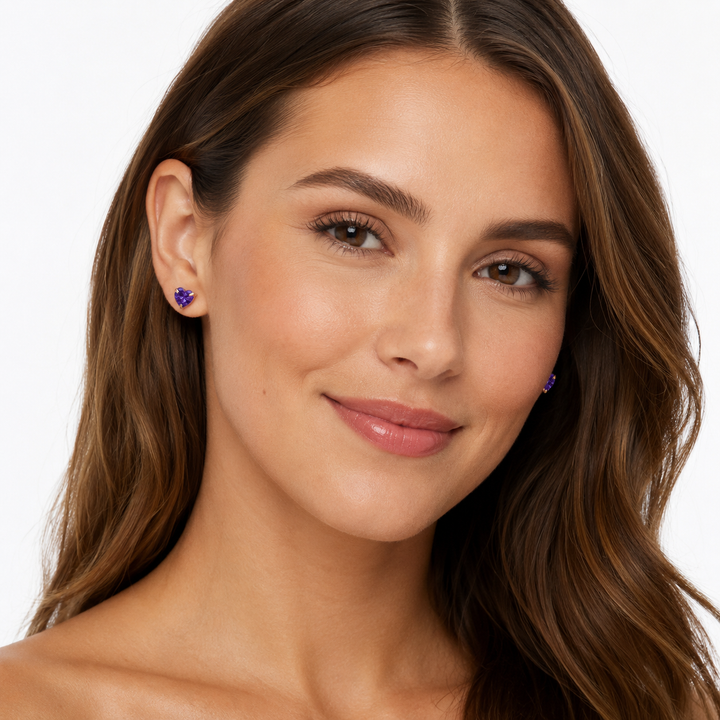 Hand-Cut Amethyst Heart Stud Earrings in Rose Gold Over Sterling Silver – 6mm