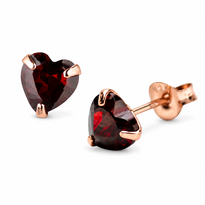 6mm Garnet Heart Stud Earrings in Rose Gold Over Sterling Silver