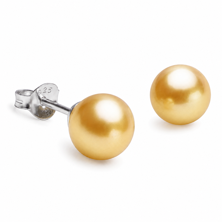 8mm Golden Freshwater Pearl Stud Earrings with Sterling Silver Posts