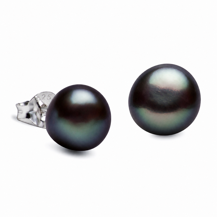 8mm Black Freshwater Pearl Stud Earrings with Sterling Silver Posts