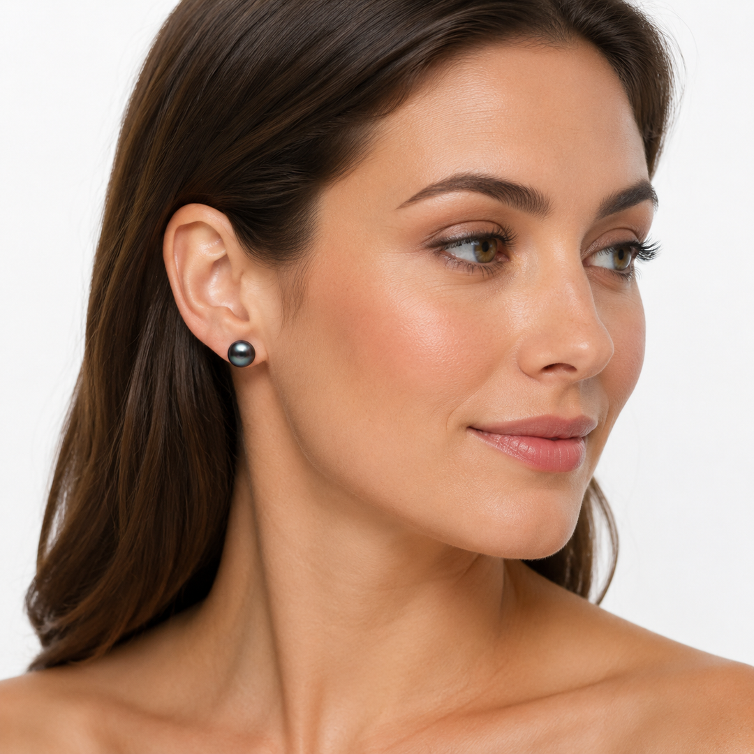 8mm Black Freshwater Pearl Stud Earrings with Sterling Silver Posts