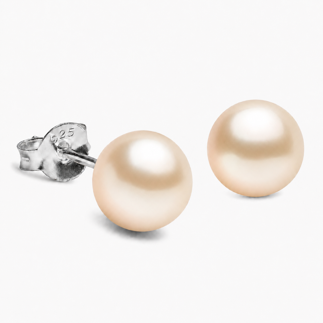 8mm Peach Freshwater Pearl Stud Earrings in Rhodium-Plated Sterling Silver