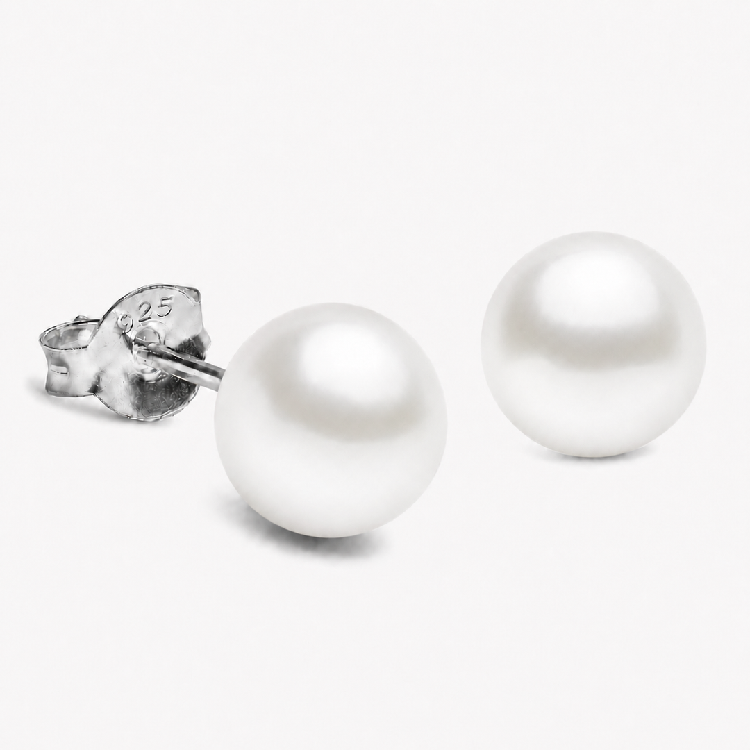8mm White Freshwater Pearl Stud Earrings in Rhodium-Plated Sterling Silver