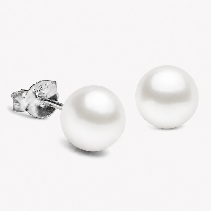 8mm White Freshwater Pearl Stud Earrings in Rhodium-Plated Sterling Silver