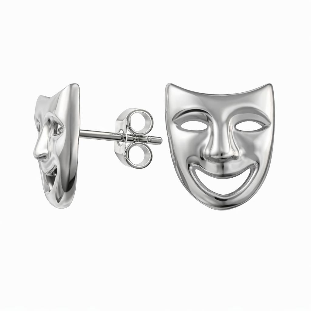 Sterling Silver Comedy Tragedy Mask Stud Earrings .925 Silver Theater Mask Earrings 0.4"