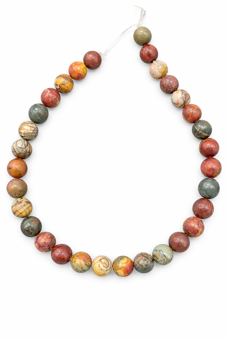 Natural Picasso Jasper Bead Strand – 34 Round 12MM Gemstone Beads – Multi Color Picasso Marble Jewelry Making Beads