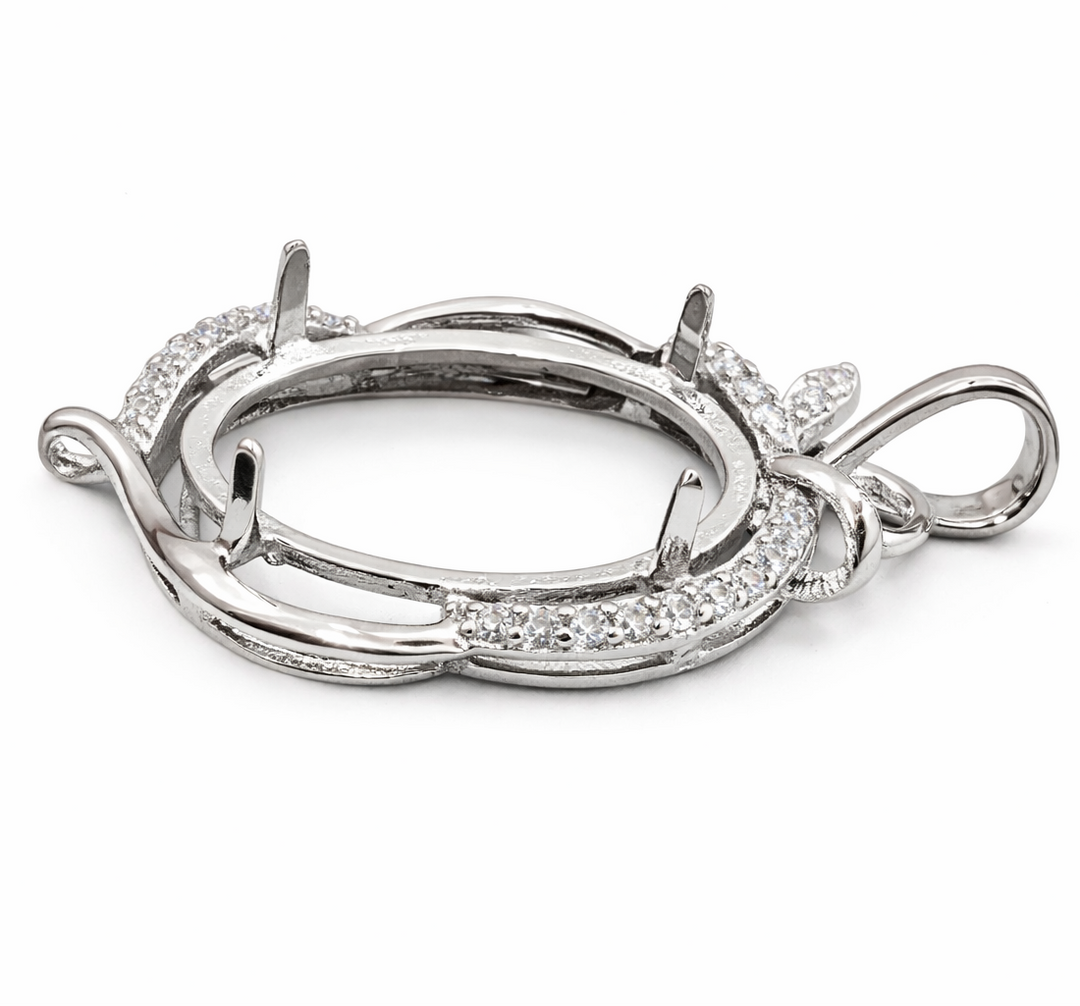 Sterling Silver Oval Pendant Setting 20x15mm – CZ Halo Vine Design Gemstone Mount 1.4" Jewelry Pendant