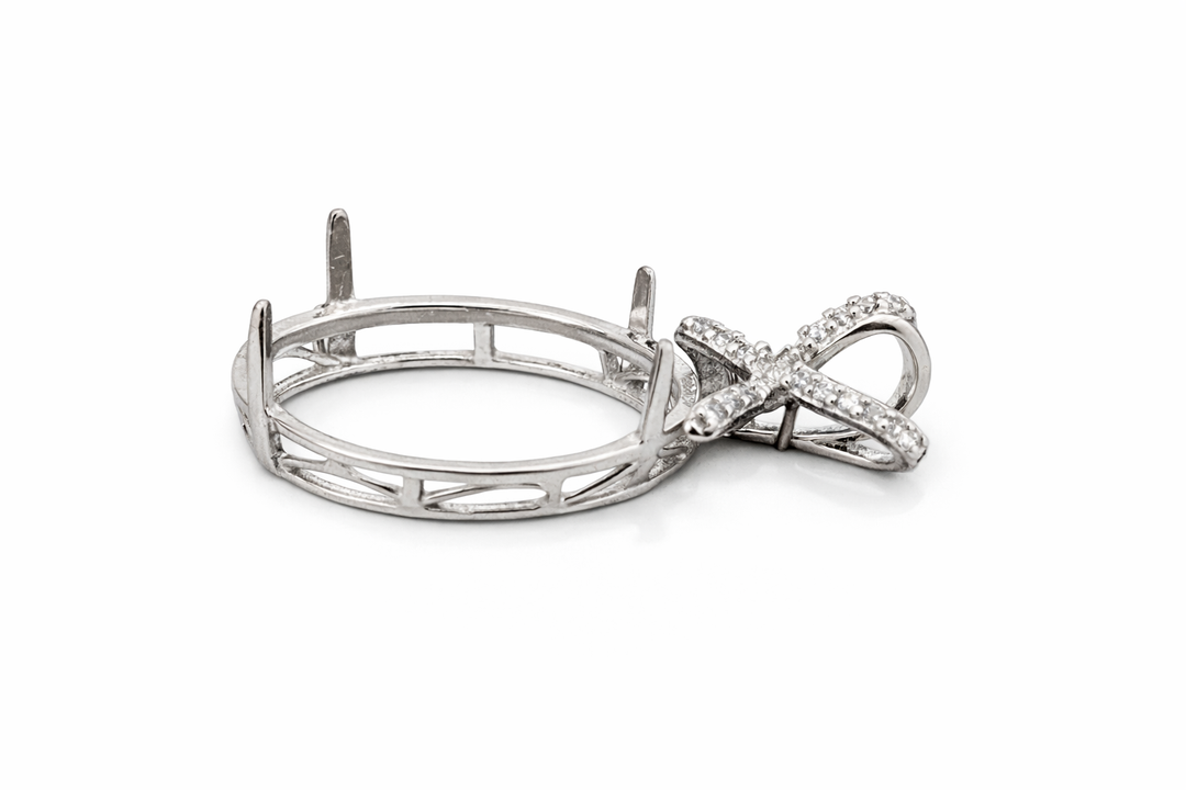 Sterling Silver Oval Pendant Mounting for 18mm x 15mm Stone – CZ Accent Setting – 1.2" x 0.65"