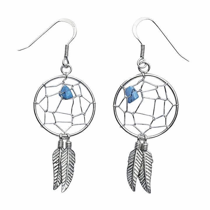 2 1/4" Sterling Silver Dreamcatcher Dangle Earrings with Turquoise – Feather Drop Earrings
