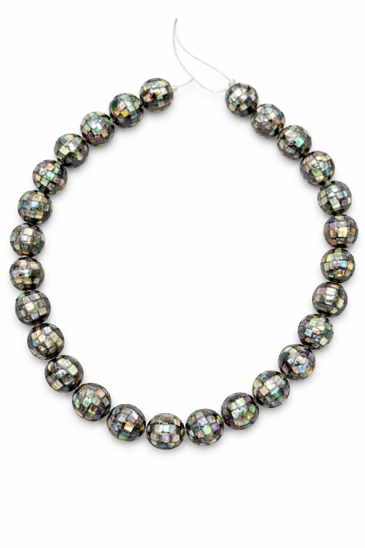Abalone Shell Mosaic Beads 12mm Round – Lot Of 33 Iridescent Abalone Shell Inlay Beads For Jewelry Making