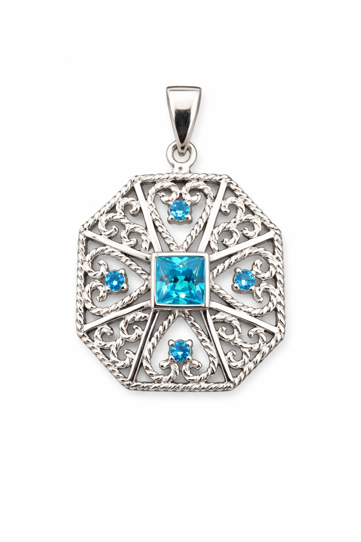 Sterling Silver Blue Topaz Filigree Pendant – 6mm Square Center & 1mm Accent Stones – 1 Inch Drop – Vintage Style Blue Gemstone Necklace