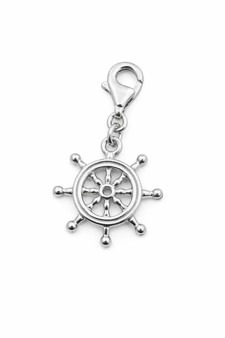 Sterling Silver Ship Wheel Charm Pendant – 1.05 Inch Drop with Bail – Nautical Jewelry