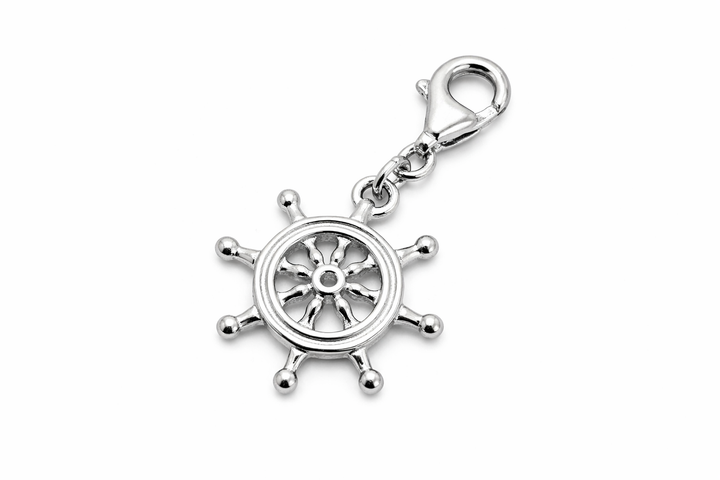 Sterling Silver Ship Wheel Charm Pendant – 1.05 Inch Drop with Bail – Nautical Jewelry