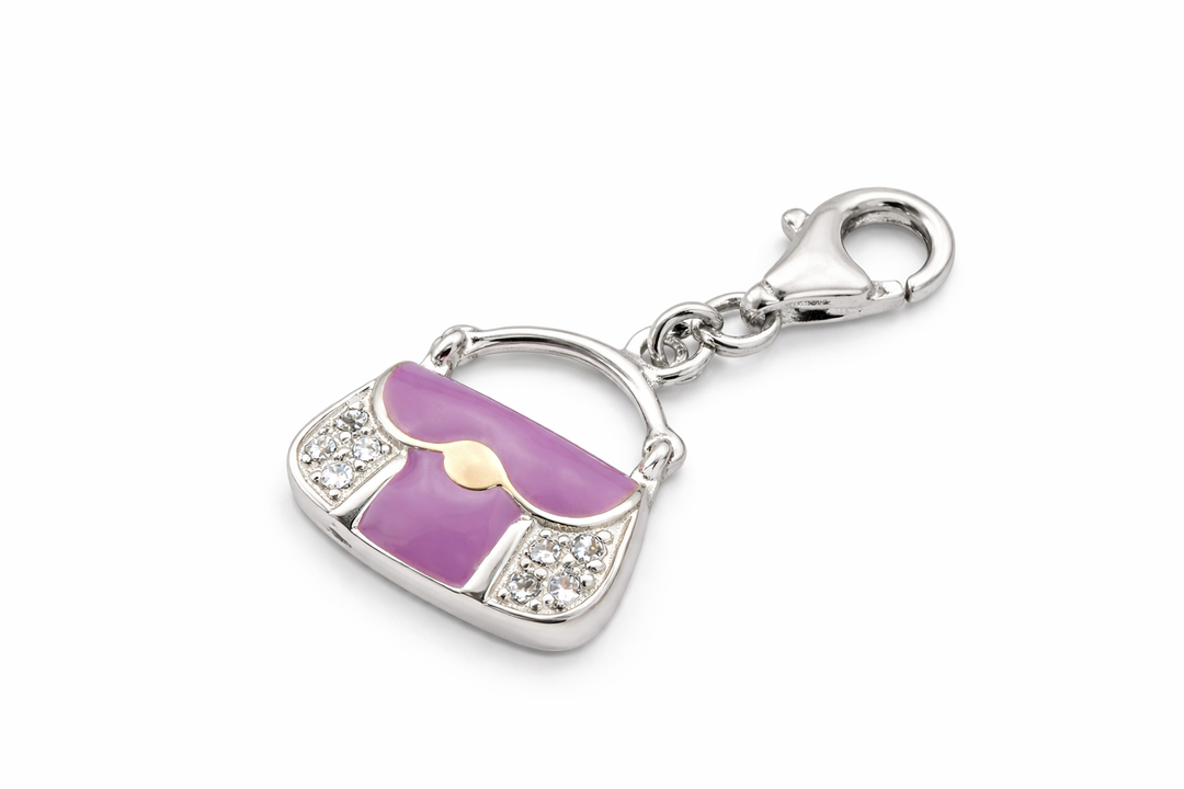 Sterling Silver Handbag Charm Pendant – 1.15 Inch Drop with Bail – Pink Enamel Purse Jewelry