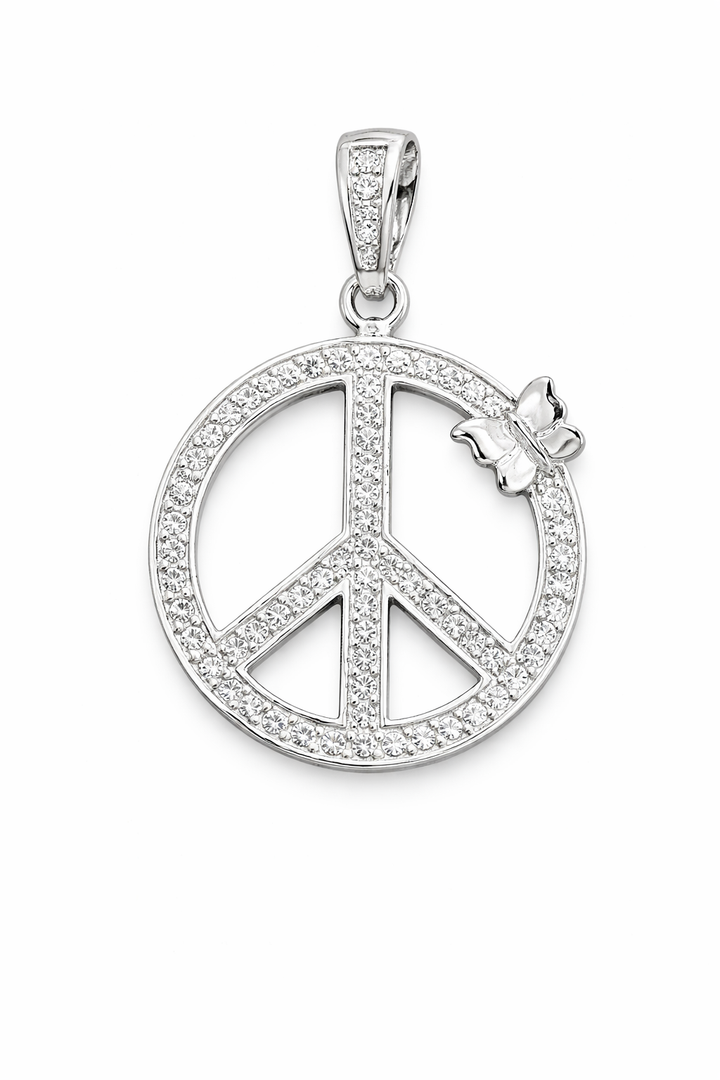 Sterling Silver Peace Sign Pendant with CZ – 1.4 Inch Drop with Bail – Pavé Crystal Circle with Butterfly Detail – 925 Silver Charm Necklace Pendant