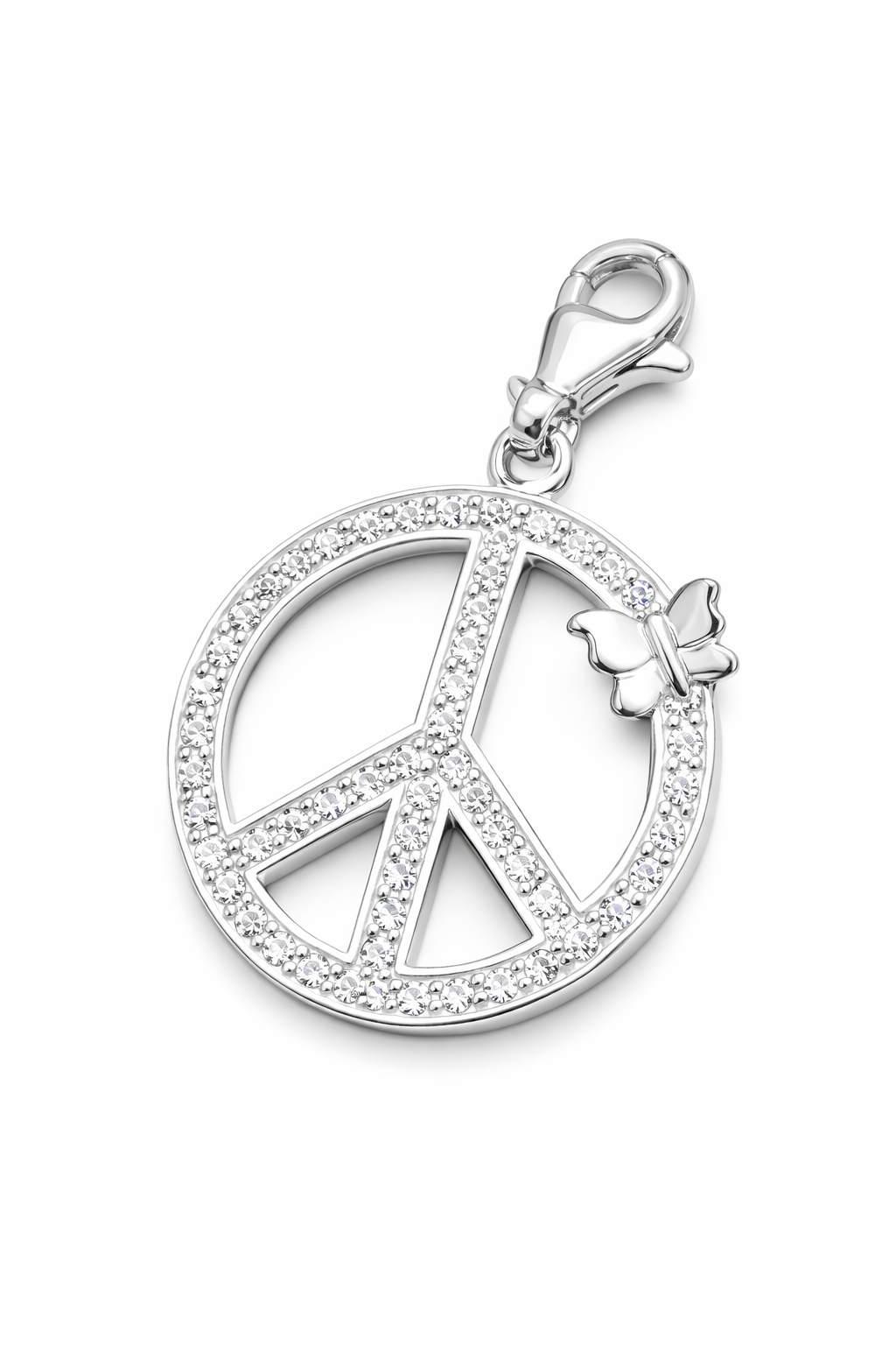 Sterling Silver Peace Sign Pendant with CZ – 1.4 Inch Drop with Bail – Pavé Crystal Circle with Butterfly Detail – 925 Silver Charm Necklace Pendant