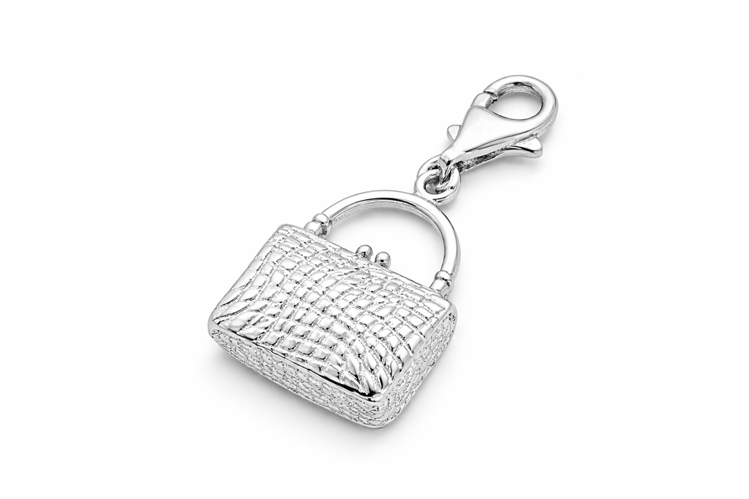 Sterling Silver Handbag Pendant Charm – 1.25 Inch Drop with Bail – Textured Purse Design – Polished Silver Jewelry Charm