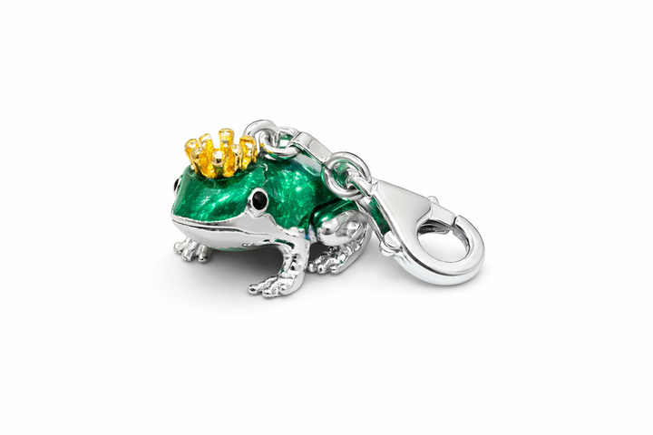 Sterling Silver Green Enamel Frog Charm with Crown – Heavy 0.95 Inch Wide Animal Pendant – Colorful Frog Jewelry Charm with Lobster Clasp