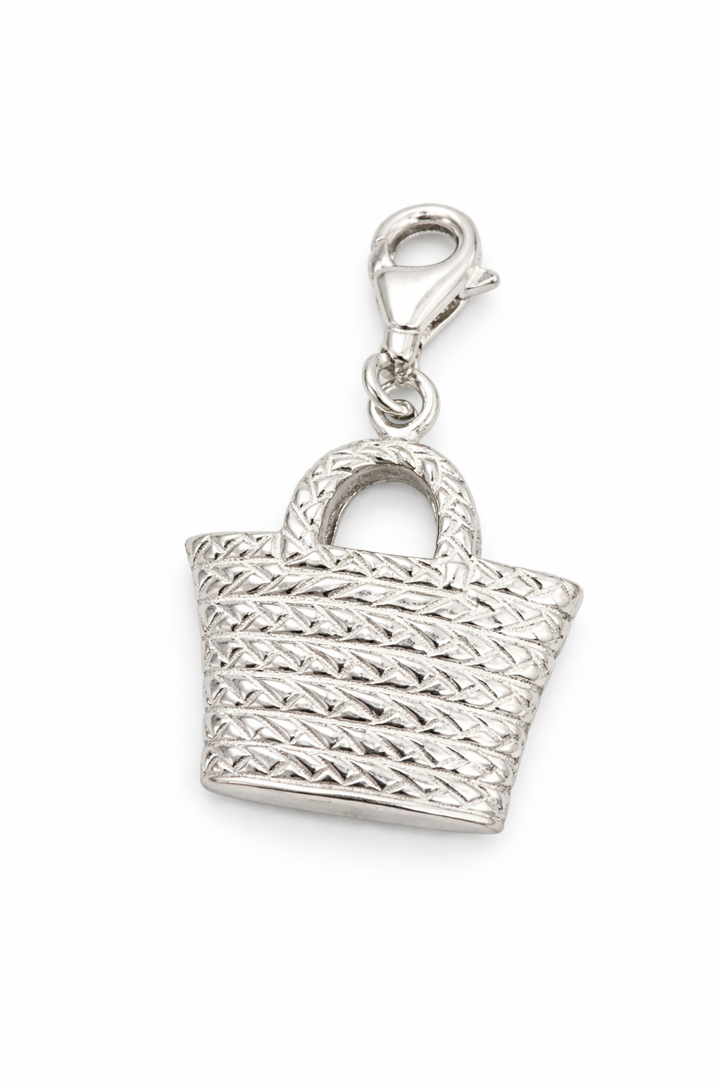 Sterling Silver Woven Handbag Charm with Red Enamel Flower – 1.5 Inch Drop with Bail – Heavy Purse Pendant – Textured Basket Style Jewelry Charm