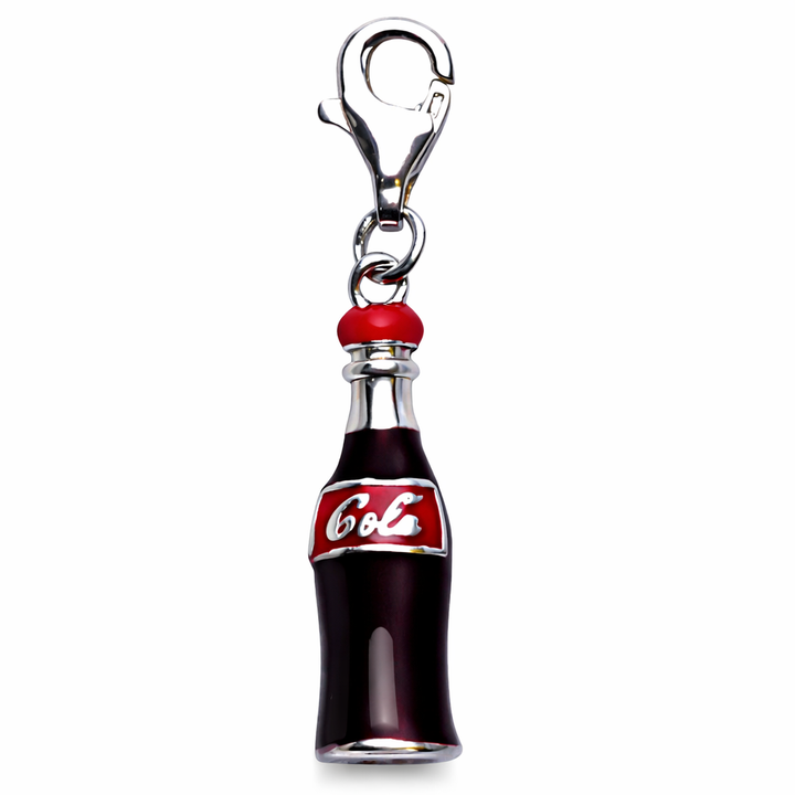 Sterling Silver Soda Bottle Charm Pendant – Red Enamel Cola Bottle Charm – 1.3 Inch Drop with Lobster Clasp – Novelty Beverage Jewelry