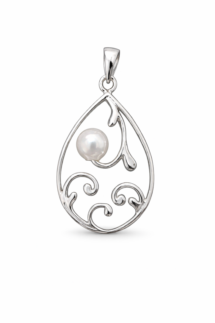 Sterling Silver Teardrop Pearl Pendant Necklace – 6.5mm Simulated Pearl – 1.5 Inch Drop – 16" Box Chain Included