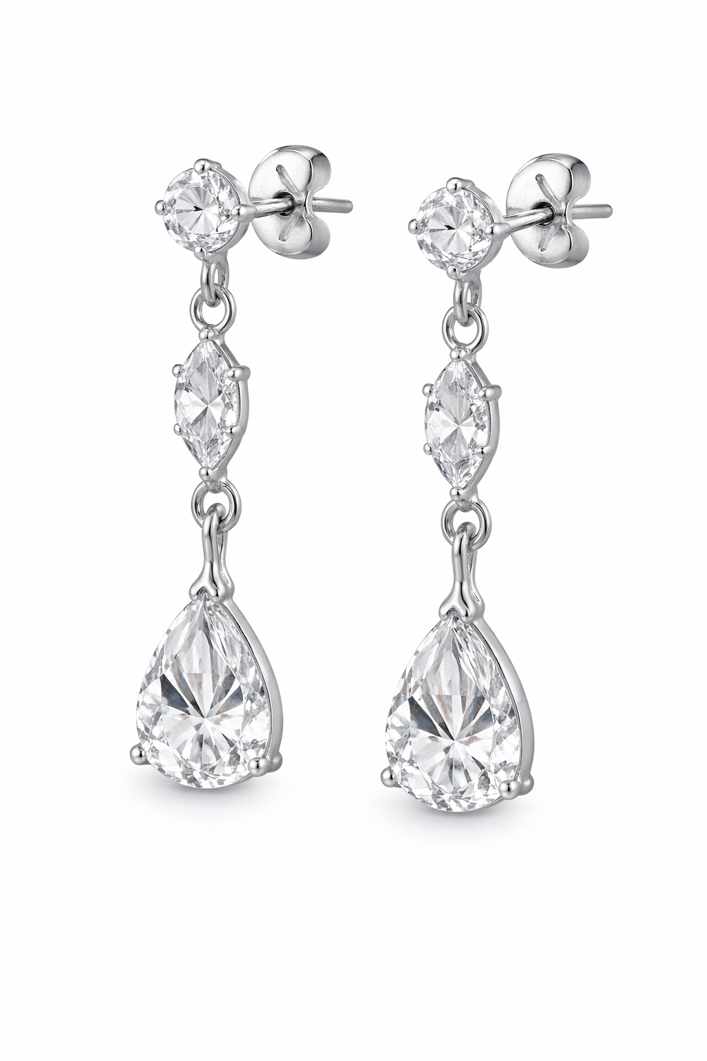Sterling Silver Clear Crystal CZ Three-Stone Dangle Earrings – Pear, Marquise & Round Cut – 1.25 Inch Drop – Diamond Alternative Jewelry