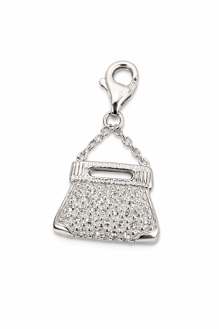 Sterling Silver Purple Enamel Handbag Charm with Clasp – 1 Inch Drop CZ Accent