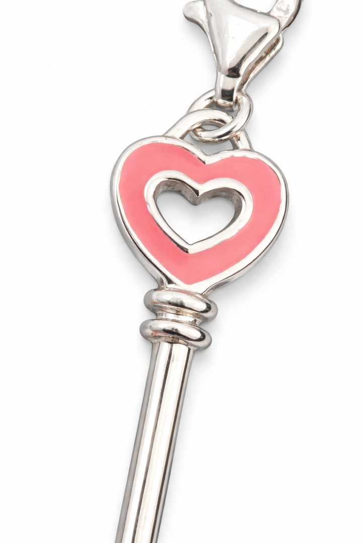 1.9 Inch Heart Key Charm with Clasp – Sterling Silver & Pink Enamel Dangle Charm