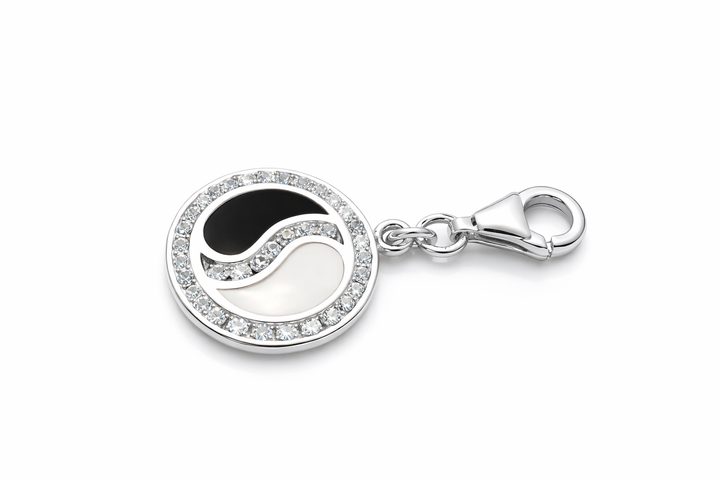 Sterling Silver Yin Yang Charm Pendant with Lobster Clasp – 1.1 Inch Drop with Bail – CZ Accented Black & White Enamel Balance Charm