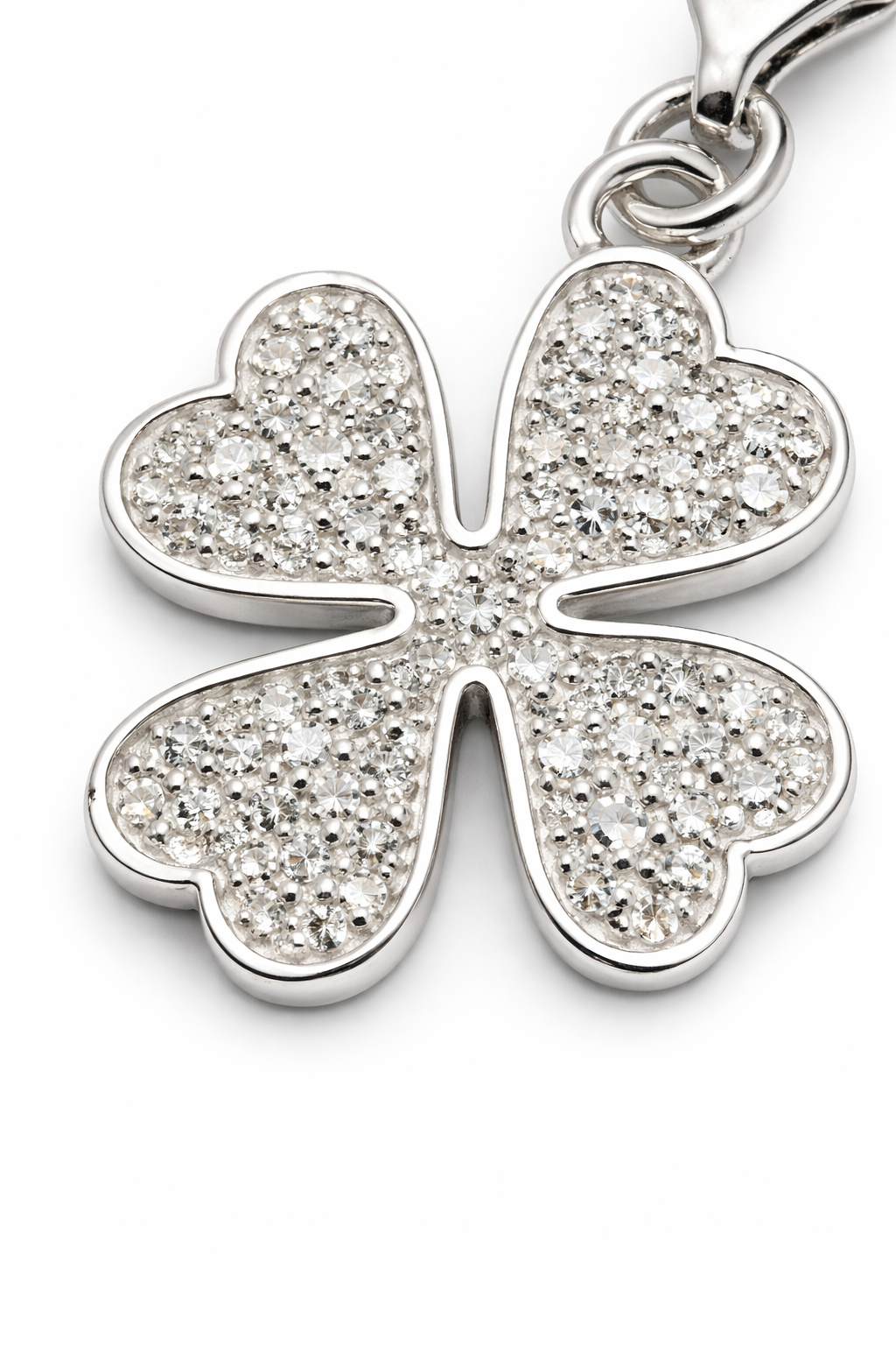 Sterling Silver Four Leaf Clover Charm with CZ Stones – 1.1" Drop Dangle Pendant with Clasp