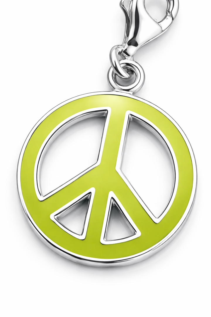 Sterling Silver Peace Sign Charm Pendant with Clasp – 1.2 Inch Drop, Green Enamel Dangle Charm