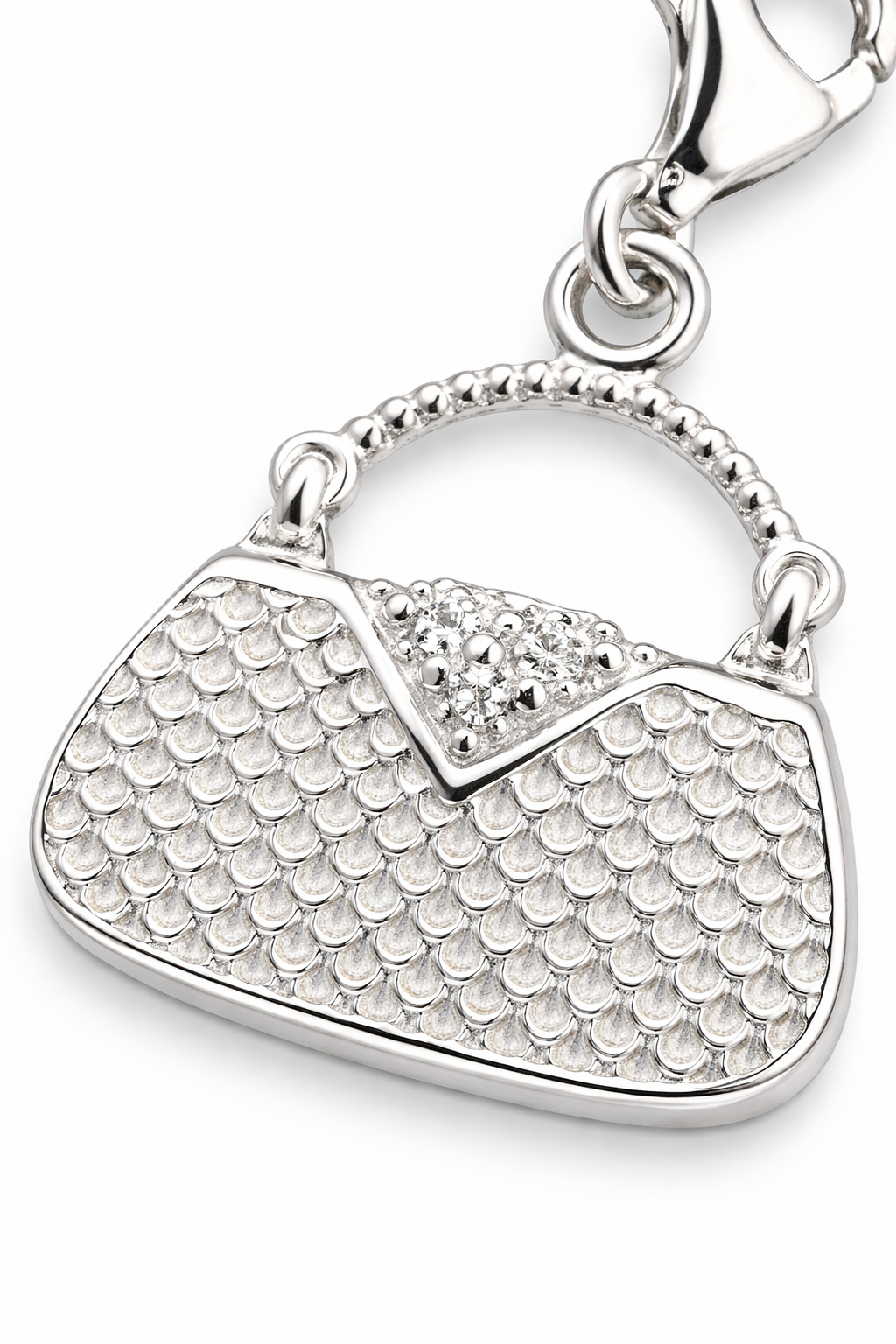 Sterling Silver Handbag Charm Pendant with Clasp – 1.15 Inch Drop, Textured Purse Charm with CZ Accents