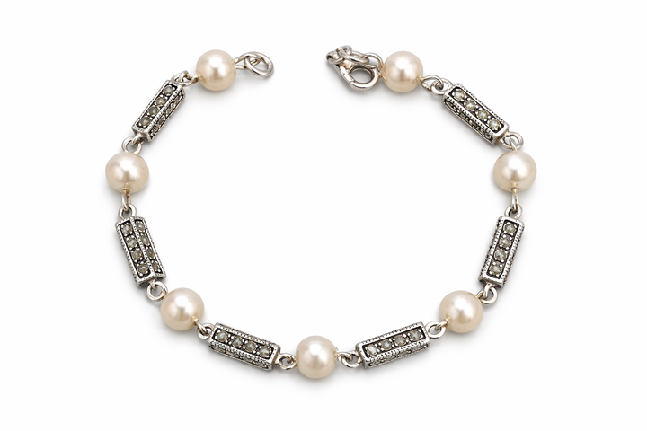 Sterling Silver Synthetic Pearl and Marcasite Bracelet – Vintage Style 7.25 Inch Bracelet