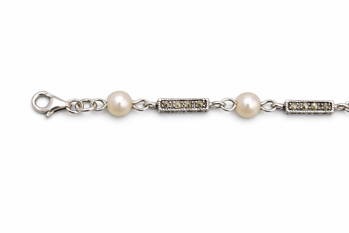 Sterling Silver Synthetic Pearl and Marcasite Bracelet – Vintage Style 7.25 Inch Bracelet