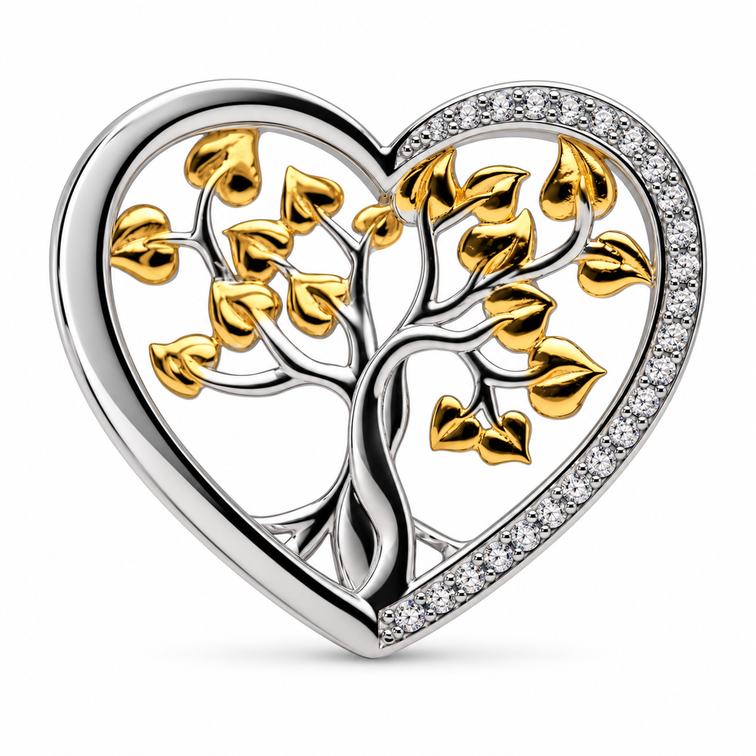 Two-Tone 3D Tree of Life Heart Pendant Necklace with Diamond Simulants in Rhodium and 14K Gold Over Sterling Silver