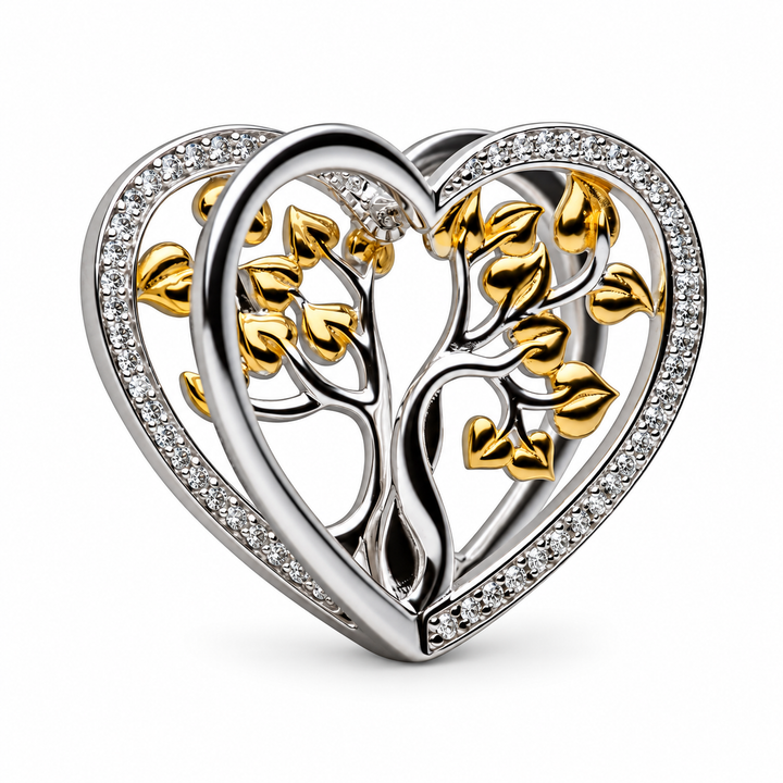 Two-Tone 3D Tree of Life Heart Pendant Necklace with Diamond Simulants in Rhodium and 14K Gold Over Sterling Silver