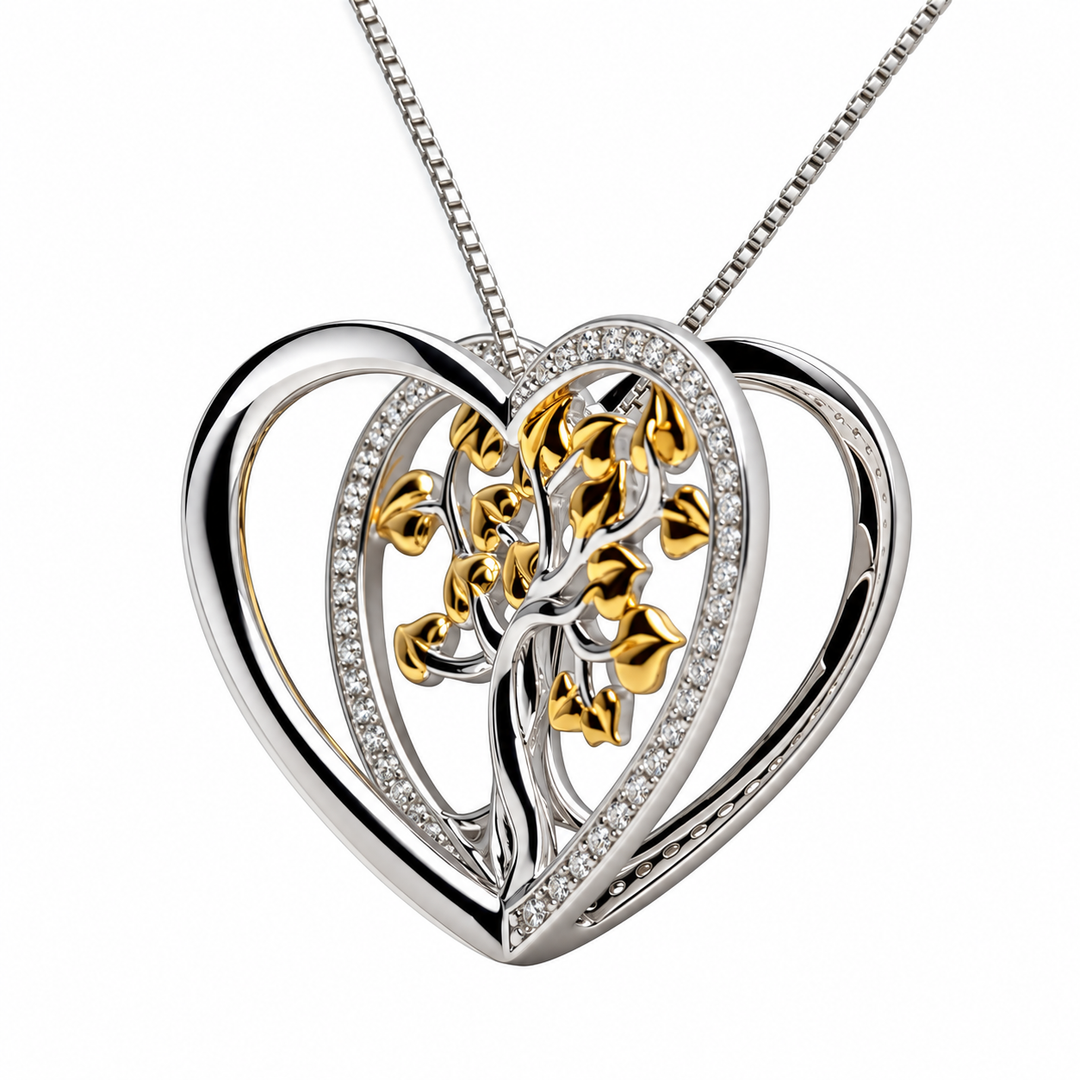 Two-Tone 3D Tree of Life Heart Pendant Necklace with Diamond Simulants in Rhodium and 14K Gold Over Sterling Silver
