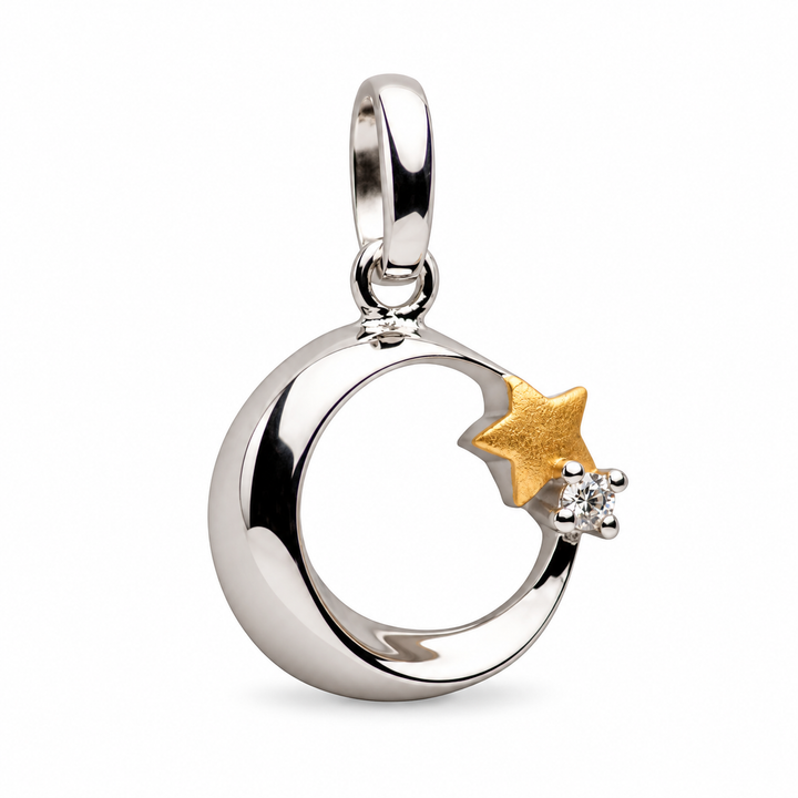 14K Yellow Gold Over Sterling Silver Crescent Moon and Star CZ Pendant – Two-Tone Celestial Jewelry, 0.68 Inch
