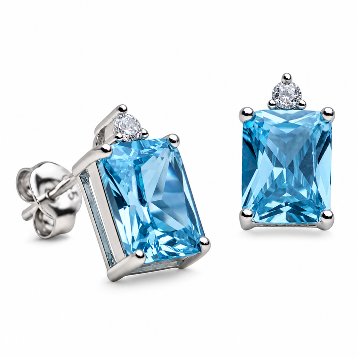 Synthetic Blue Topaz and Cubic Zirconia Rectangular Stud Earrings in Rhodium-Plated Sterling Silver – 11.75 mm