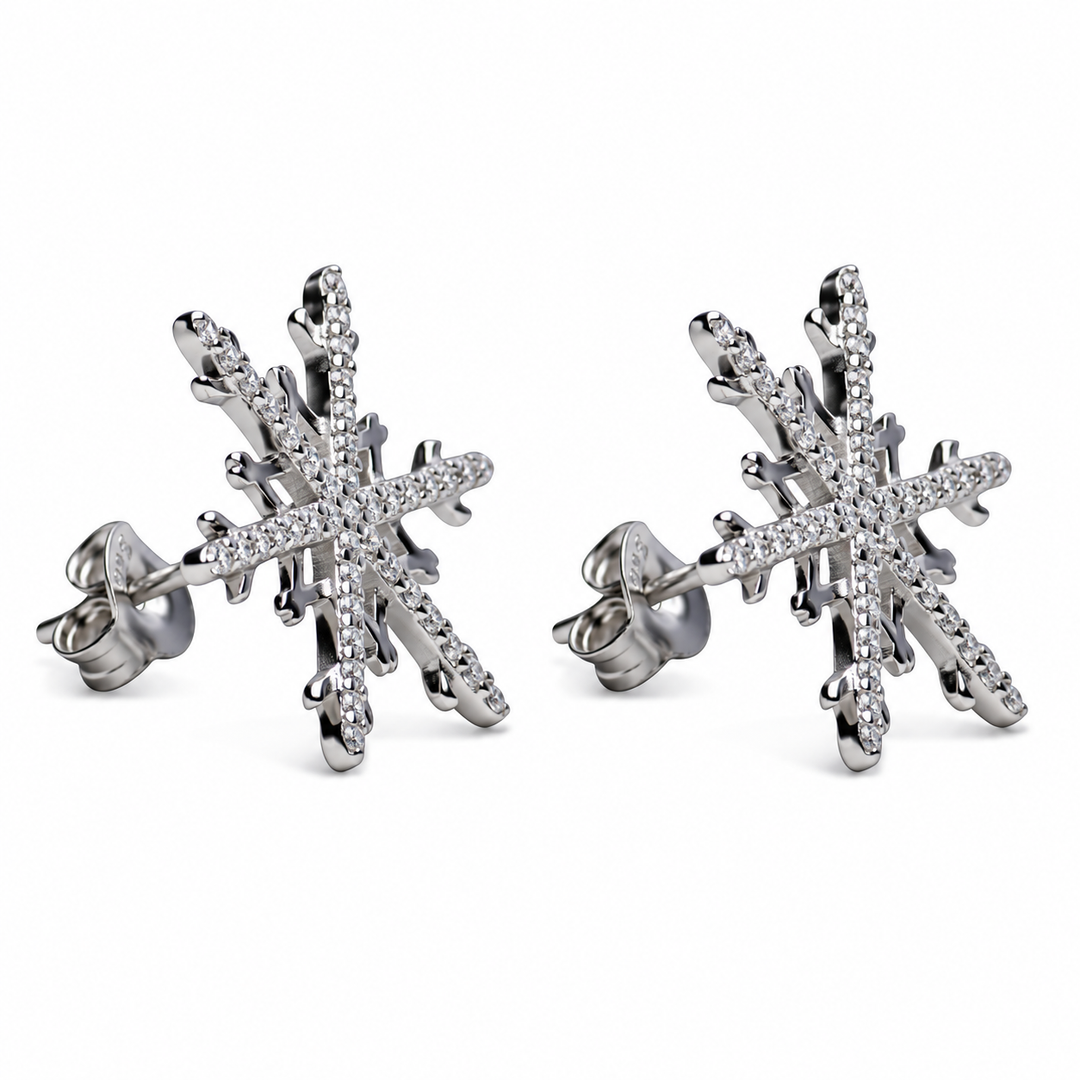 Cubic Zirconia Snowflake Stud Earrings in Rhodium-Plated 925 Sterling Silver – 86 Stones – 18 mm