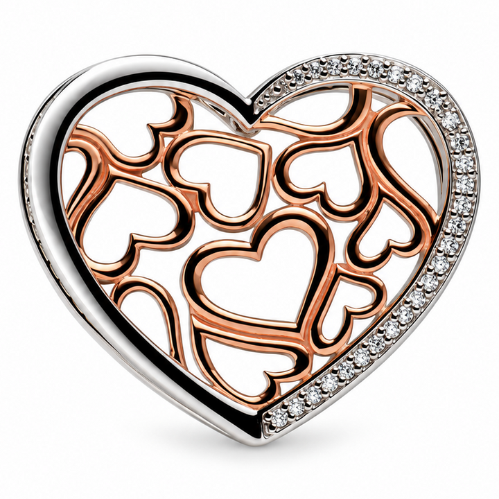 12 Rose Gold Hearts 3D Pendant with Diamond Simulants in Rhodium-Plated Sterling Silver – Two-Tone Open Heart Pendant, 0.90 x 1 Inch