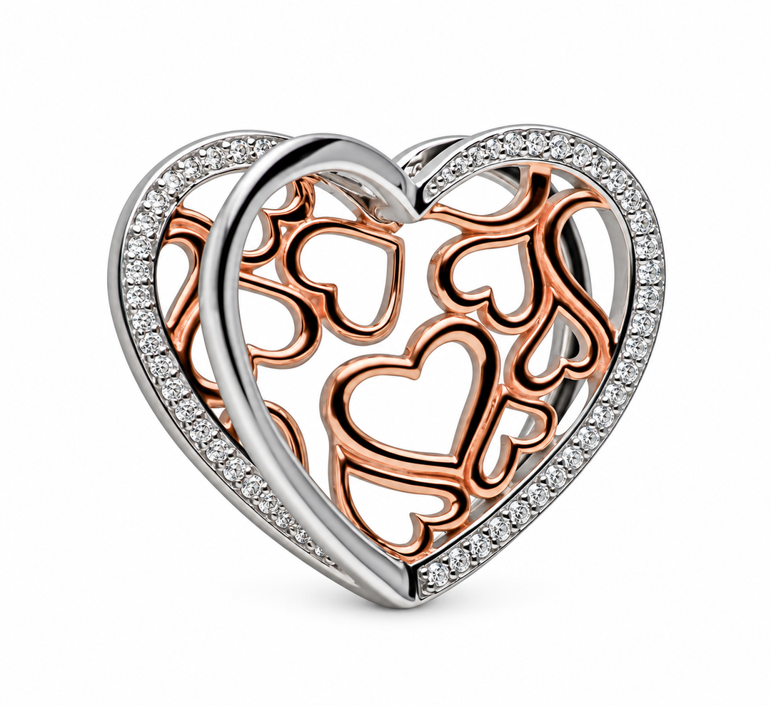 12 Rose Gold Hearts 3D Pendant with Diamond Simulants in Rhodium-Plated Sterling Silver – Two-Tone Open Heart Pendant, 0.90 x 1 Inch