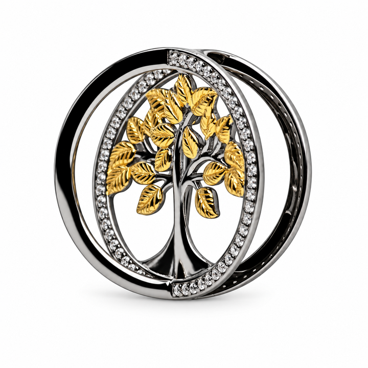 3D Tree of Life Circle Pendant Necklace with Cubic Zirconia in Black Rhodium-Plated Sterling Silver and 16-Inch Gold-Plated Chain