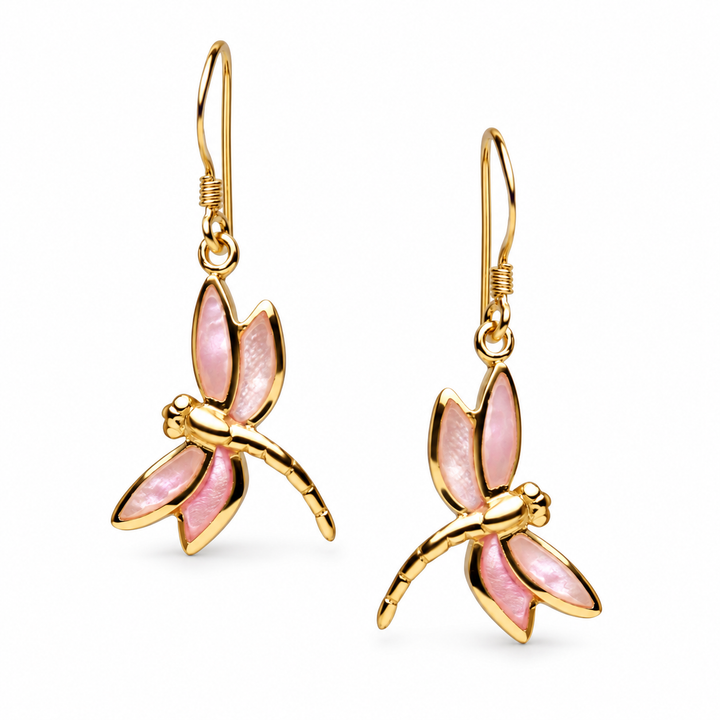 14K Yellow Gold-Plated Pink Mother-of-Pearl Dragonfly Earrings