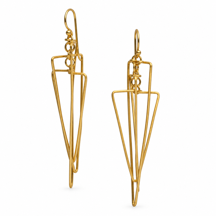 Art Deco Geometric Drop Earrings in Matte 18K Yellow Gold-Plated Sterling Silver – 2.6-Inch Fishhook Statement Earrings