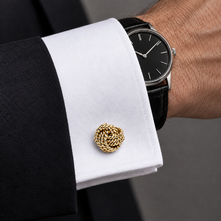 14K Yellow Gold-Plated Sterling Silver Woven Love Knot Cufflinks – High-Polish Solid Stem Men’s Cufflinks